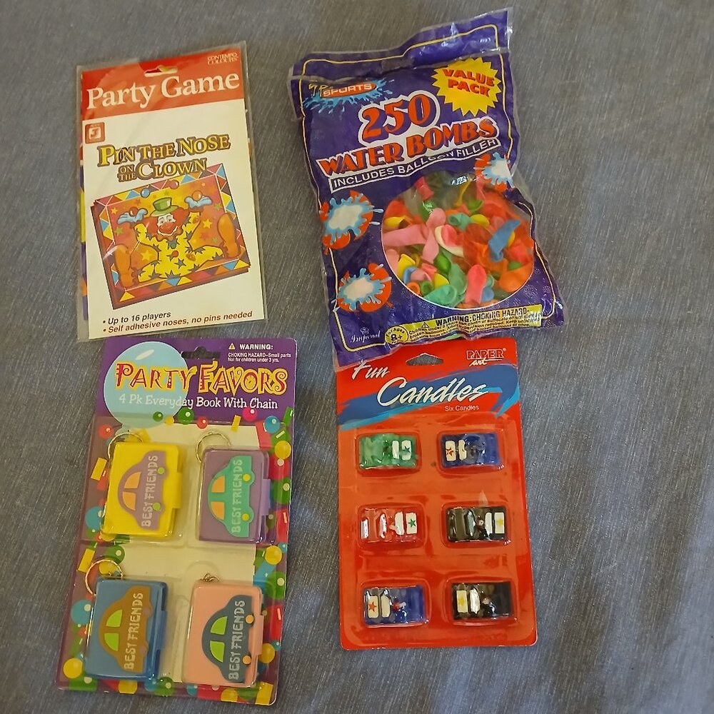 Party Favor: Pin the Clown game, 6 x Car Candles, Balloon, 4 x Book with Chain